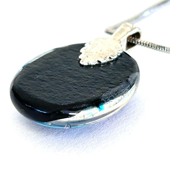 Vintage Oval Fused Dichroic Glass Pendant Necklace Silver Tone Chain 19” - Picture 6 of 10